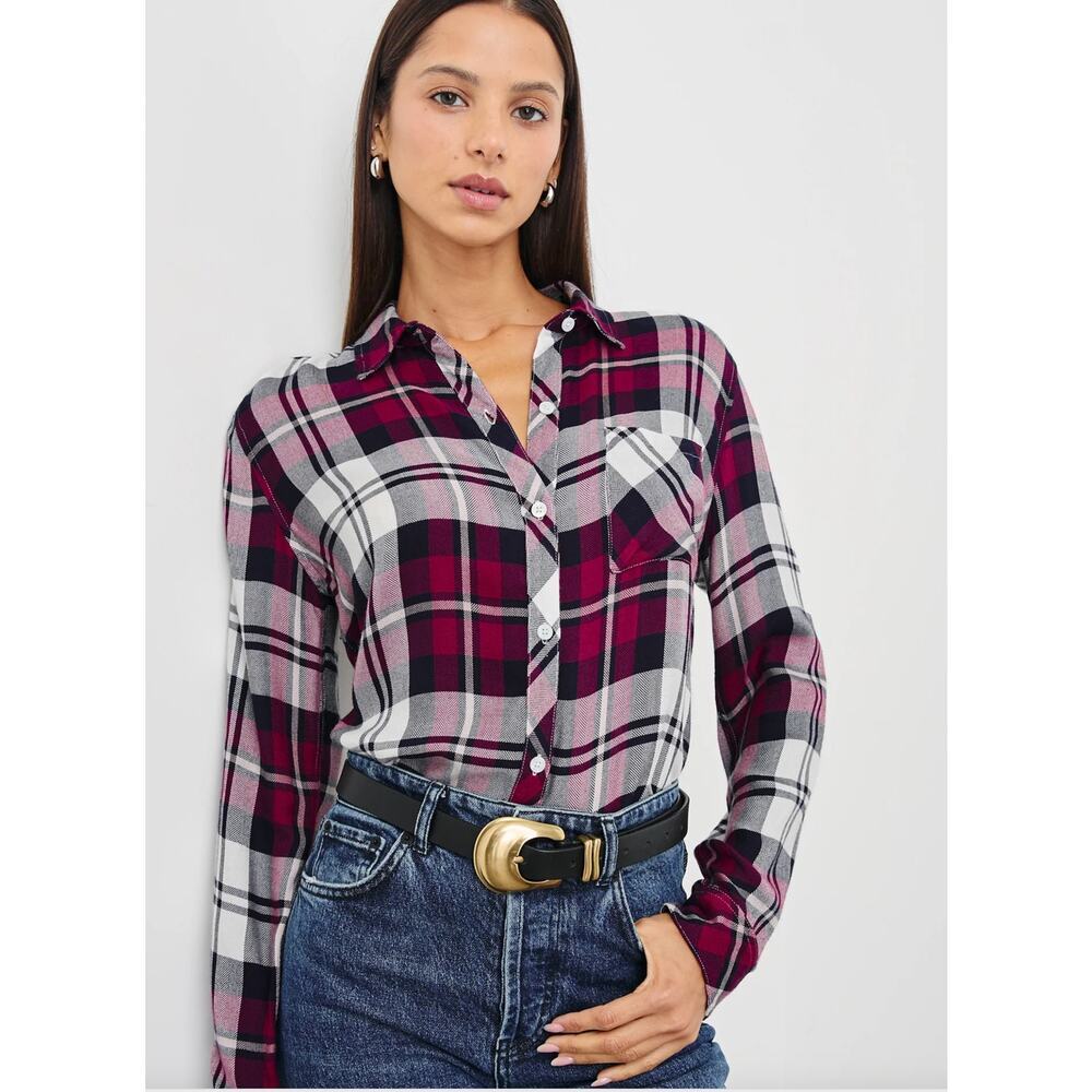 NWOT cozy Button Collared Long Sleeve Women's Pink Rails checkered Hunter shirt